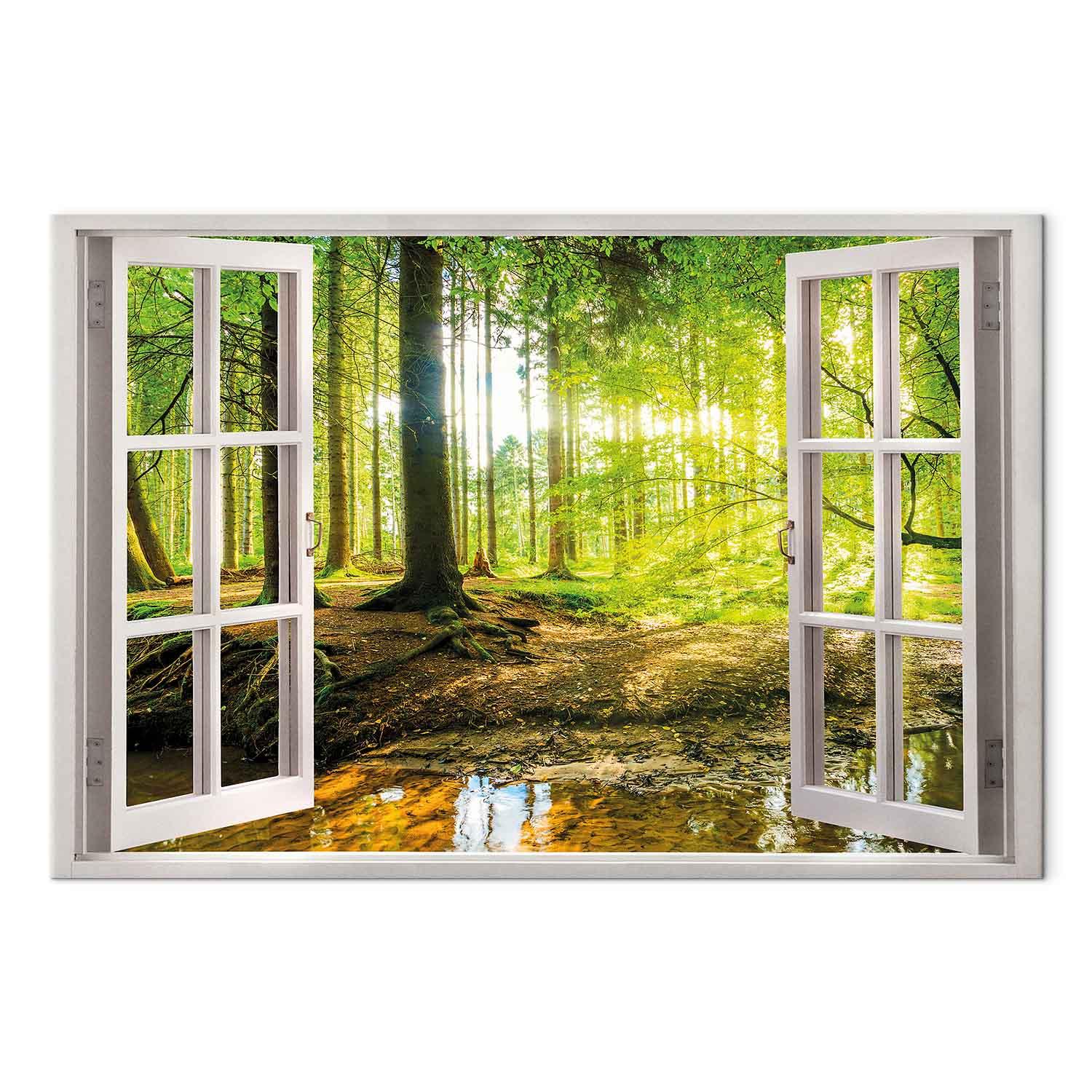 Lærredsbillede - Vindue: Udsigt over skov vægbillede med landskabsmotiv - 120 x 80 cm - Akustisk