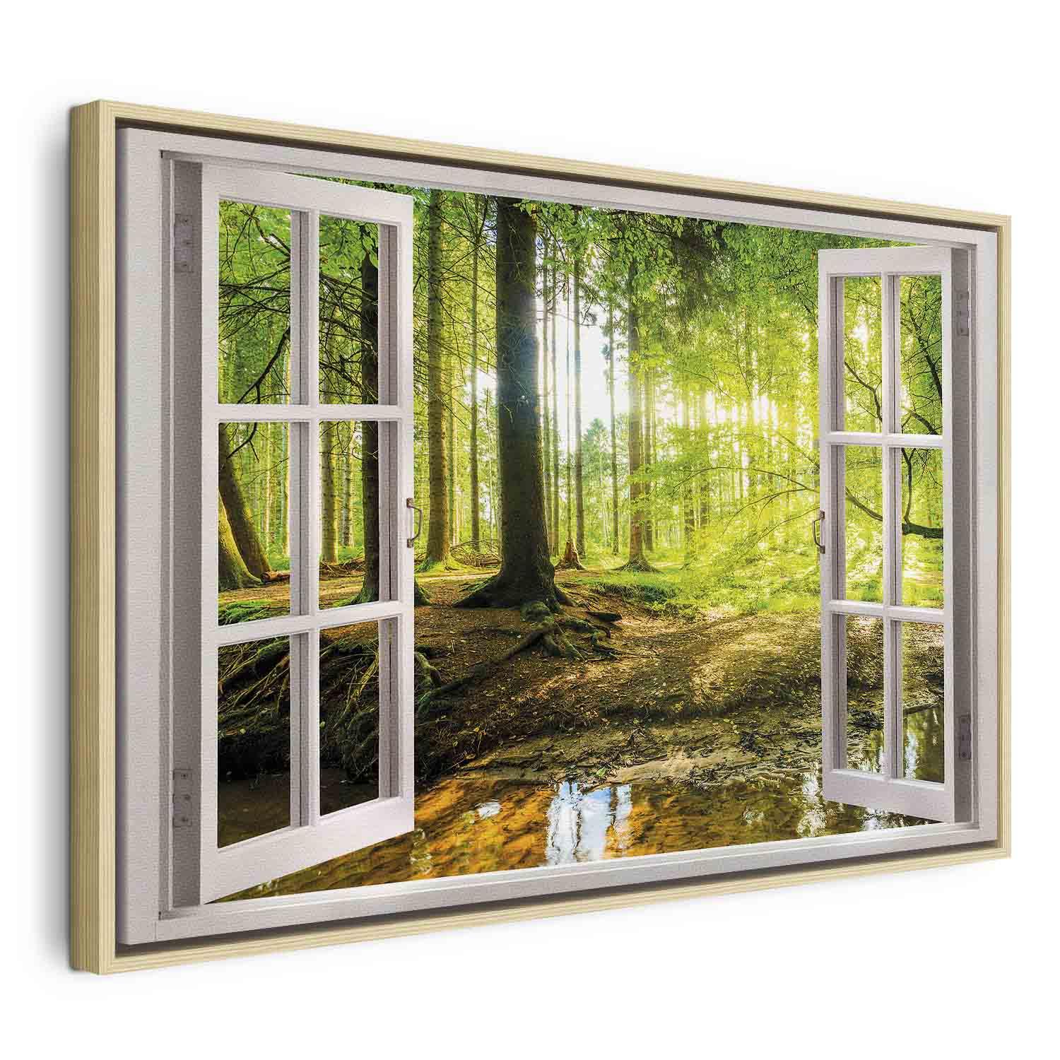 Lærredsbillede - Vindue: Udsigt over skov vægbillede med landskabsmotiv - 120 x 80 cm - I en naturlig træramme