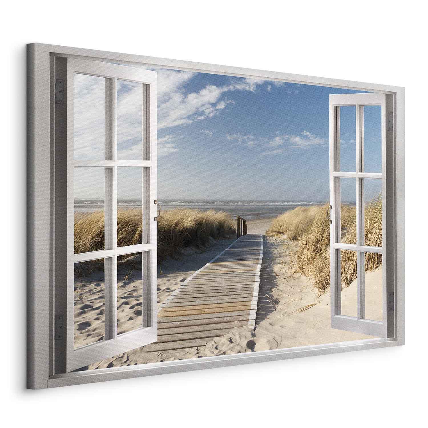 Lærredsbillede - Vindue med udsigt over stranden, vægdekoration med strand- og havmotiv - 120 x 80 cm - Standard