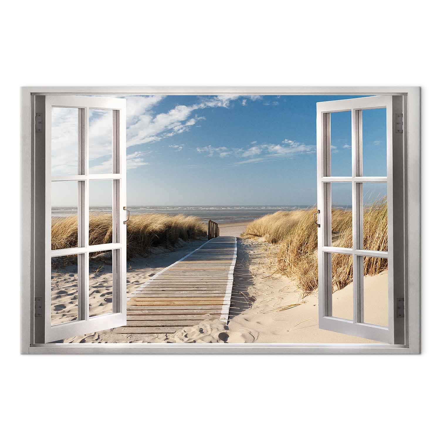Lærredsbillede - Vindue med udsigt over stranden, vægdekoration med strand- og havmotiv - 120 x 80 cm - Akustisk