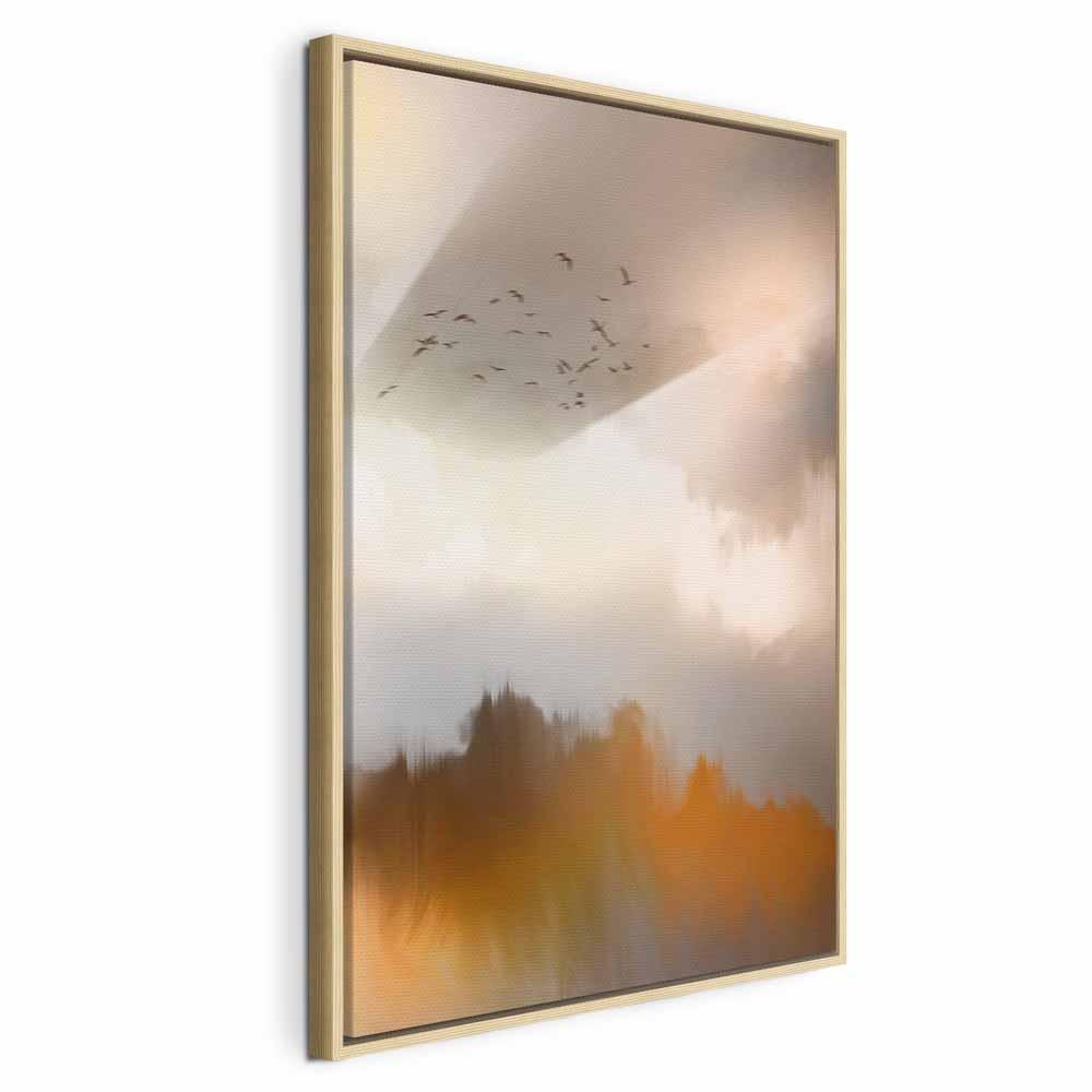 Abstrakt lærredsbillede Nostalgia - 1 del, lodret vægdekoration med fugle- og naturmotiv - 40 x 60 cm - I en naturlig træramme