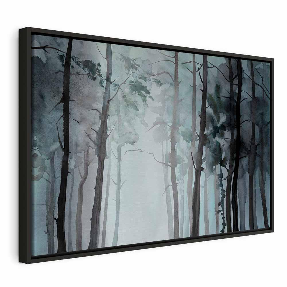 Billede på lærred - Diset skov, bredt enkeltpanel vægdekoration - 120 x 80 cm - I en sort træramme