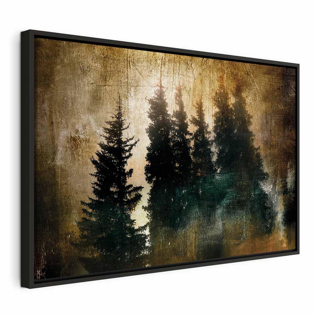Lærredsbillede Statelige Grantræer - bredt skovmotiv - 60 x 40 cm - I en sort træramme