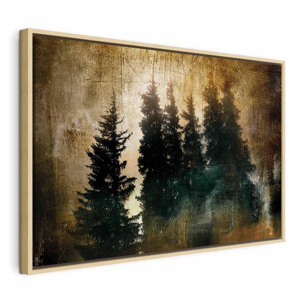 Lærredsbillede Statelige Grantræer - bredt skovmotiv - 60 x 40 cm - I en naturlig træramme