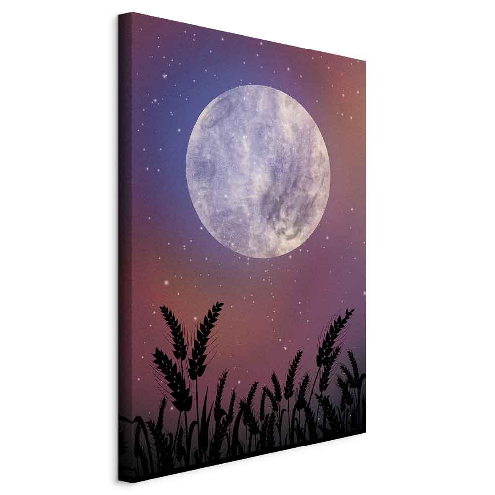 Lærredsbillede Night in the Country - lodret vægdekoration med måne, stjernehimmel og kornmark - 40 x 60 cm - Standard