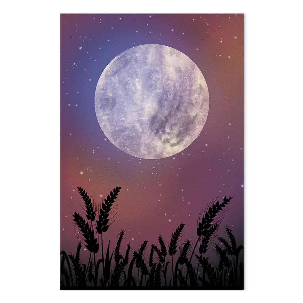 Lærredsbillede Night in the Country - lodret vægdekoration med måne, stjernehimmel og kornmark - 60 x 90 cm - Akustisk