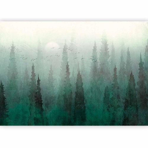 Fototapet med tåget grøn skov og fugle