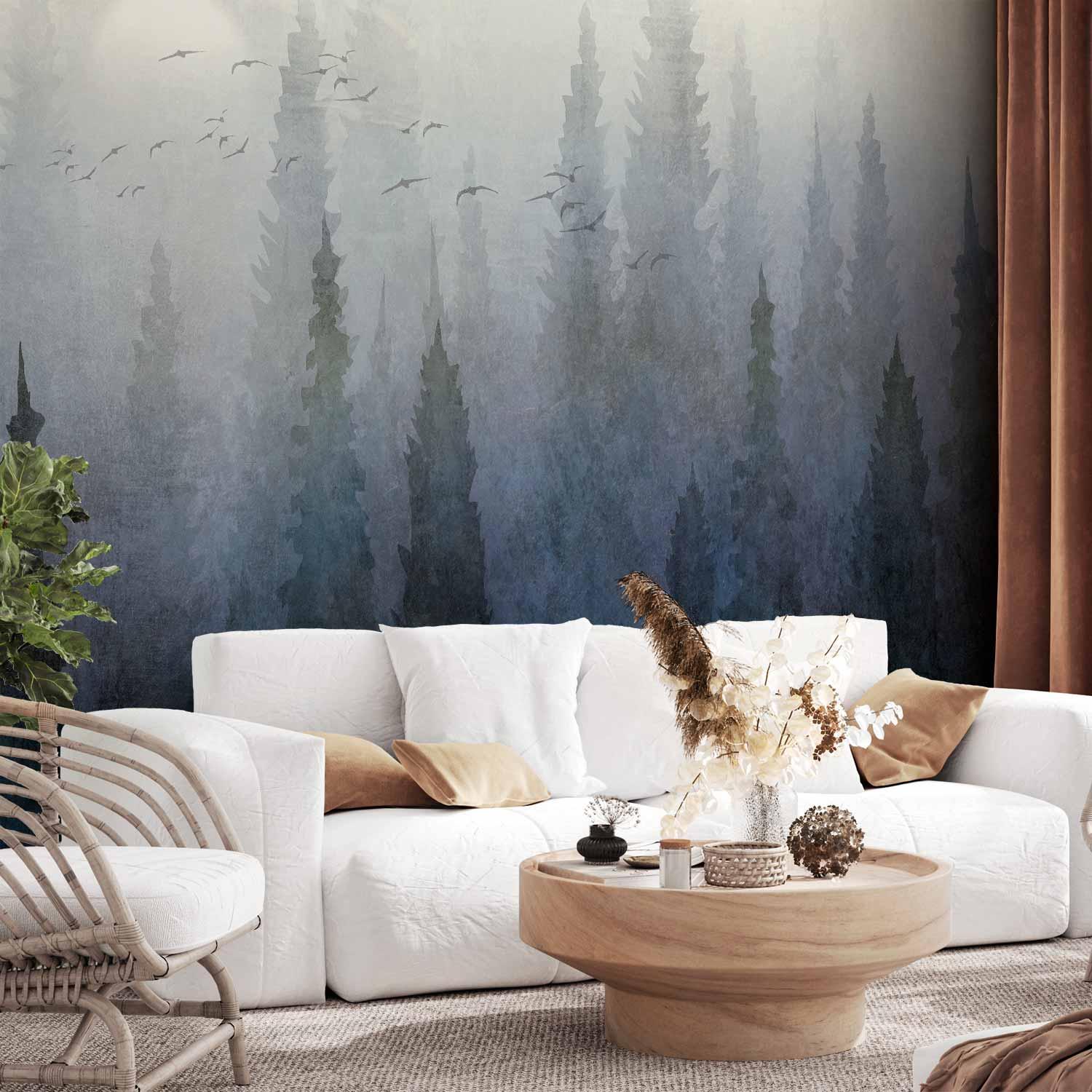 Fototapet Flight Over the Forest - Anden variant med skovlandskab og fugle - 100 x 70 cm - Standard