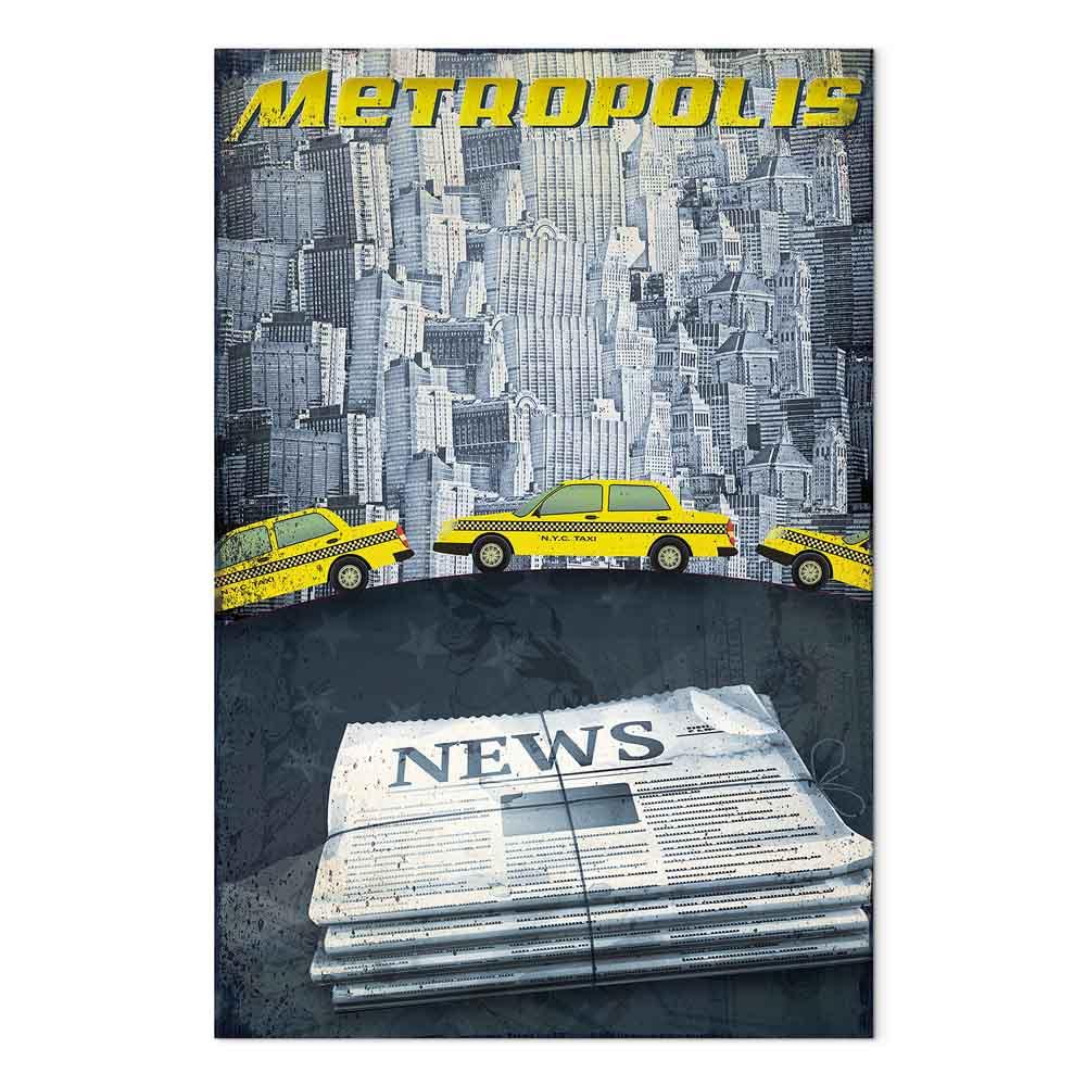Billede på lærred Metropolis - lodret vægdekoration med storbymotiv og gule taxaer - 80 x 120 cm - Premium Print