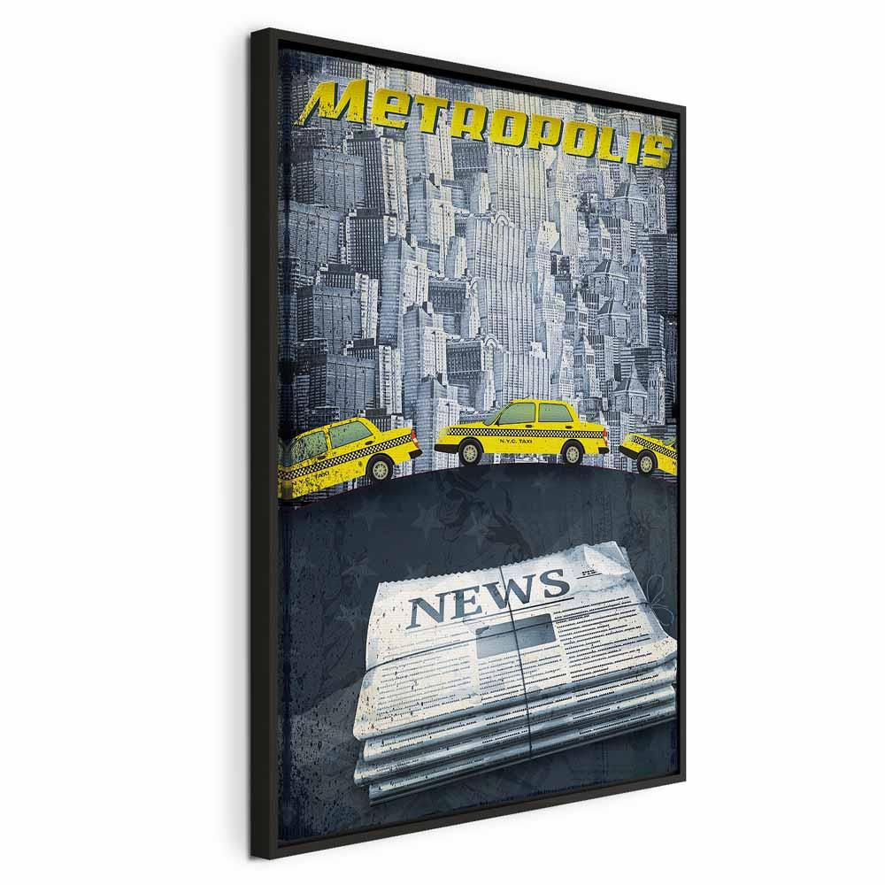 Billede på lærred Metropolis - lodret vægdekoration med storbymotiv og gule taxaer - 80 x 120 cm - I en sort træramme