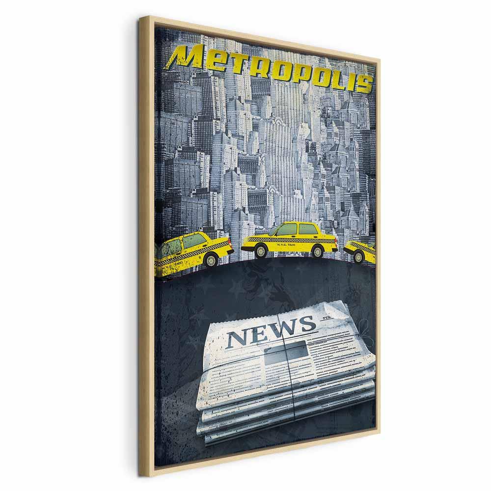Billede på lærred Metropolis - lodret vægdekoration med storbymotiv og gule taxaer - 80 x 120 cm - I en naturlig træramme