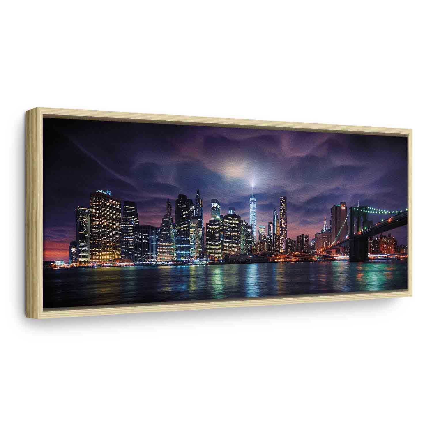Lærredsbillede New York: Dark City - 90 x 30 cm - I en naturlig træramme
