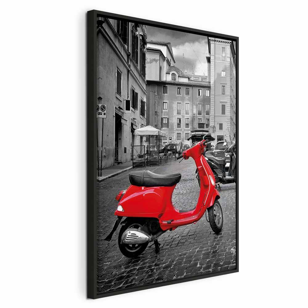 Lærredsbillede My Dream - vertikalt bymotiv med rød scooter, 1 del - 80 x 120 cm - I en sort træramme