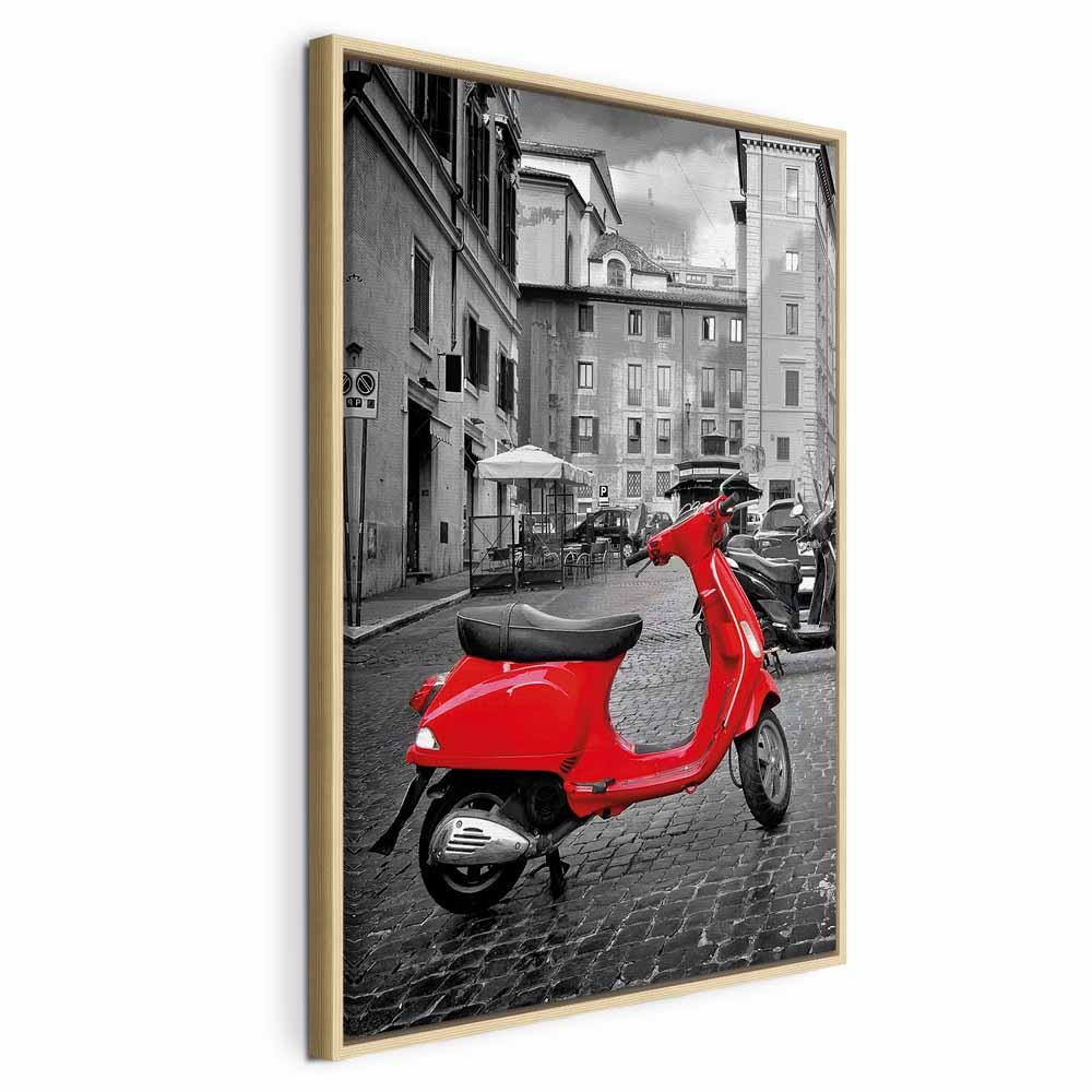 Lærredsbillede My Dream - vertikalt bymotiv med rød scooter, 1 del - 80 x 120 cm - I en naturlig træramme