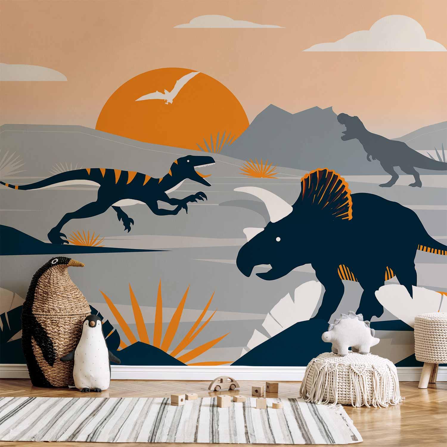 Fototapet med dinosaurer i orange abstrakt landskab til børneværelse - 196 x 140 cm - Selvklæbende
