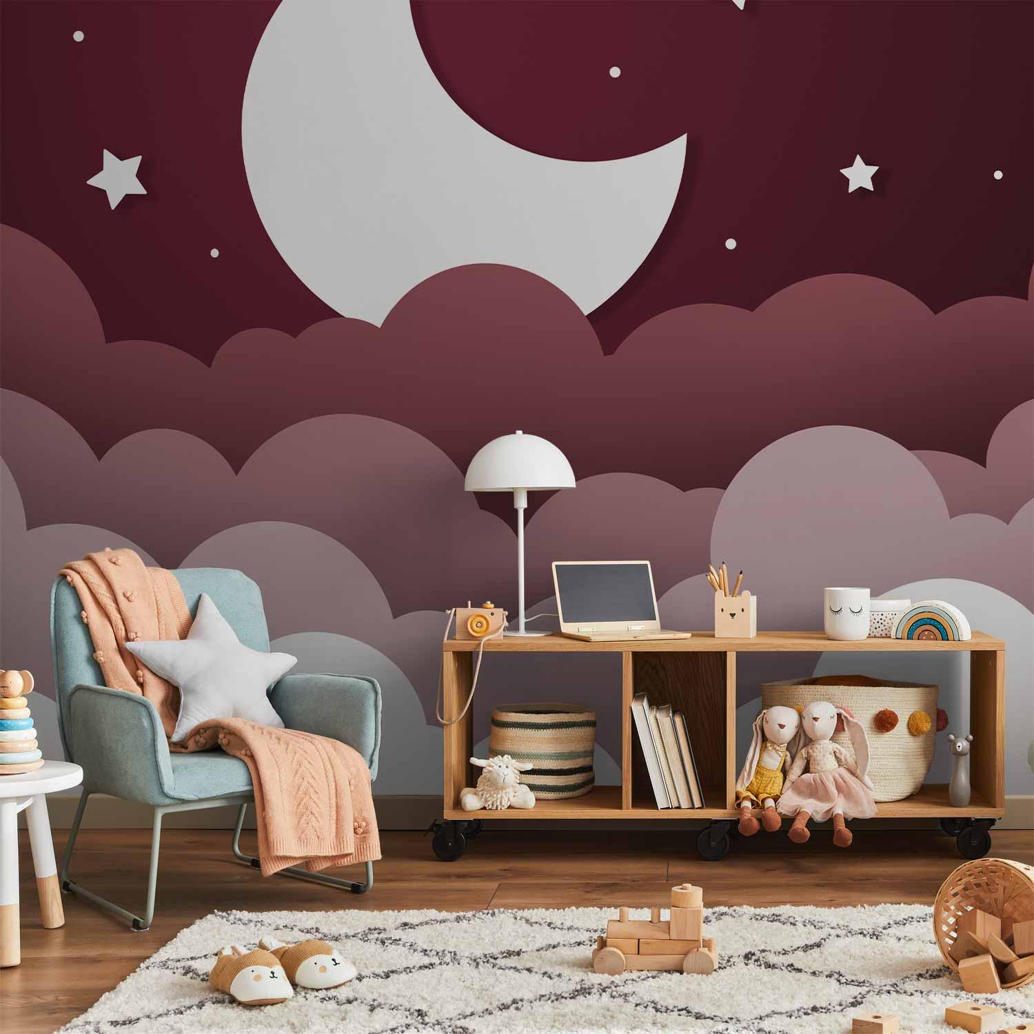 Fototapet Moon Dream til børn - måne, skyer og stjerner på kastanjerød himmel - 400 x 280 cm - Standard