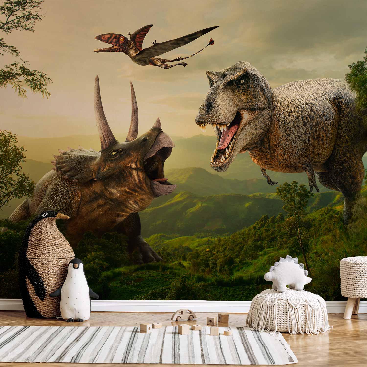 Fototapet med dinosaurer til børneværelse - Dinosaur Square - 350 x 256 cm - Standard