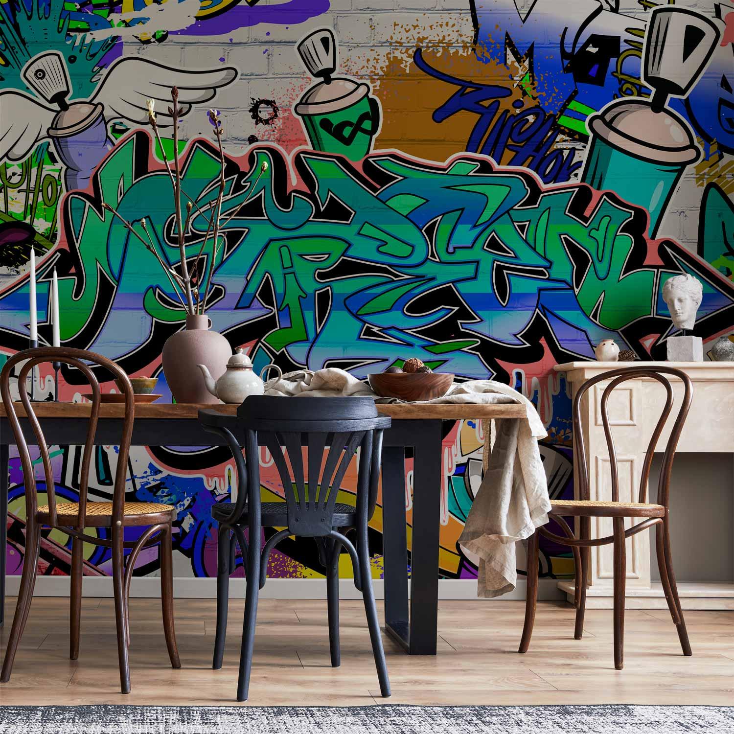 Fototapet Graffiti i blåt tema - 400 x 280 cm - Vandtæt