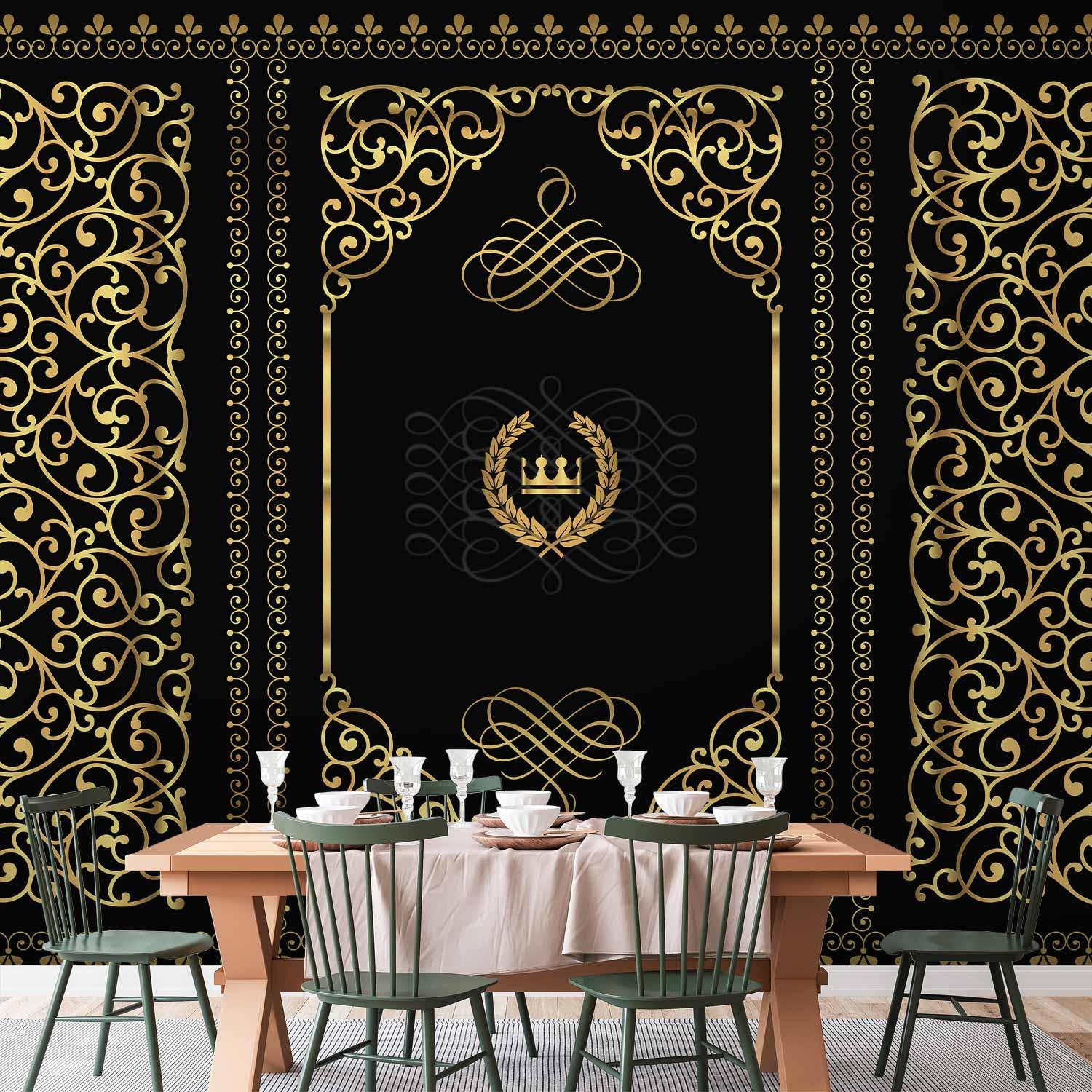 Fototapet Nattens charme - sort og guld barokmønster til væg - 500 x 350 cm - Vandtæt