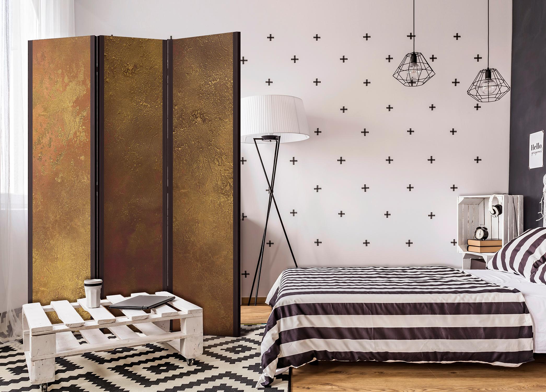 Skærmvæg Gylden Fristelse 135 x 172 cm - 3-panels rumdeler - 135 x 172 cm - Dobbeltsiddet