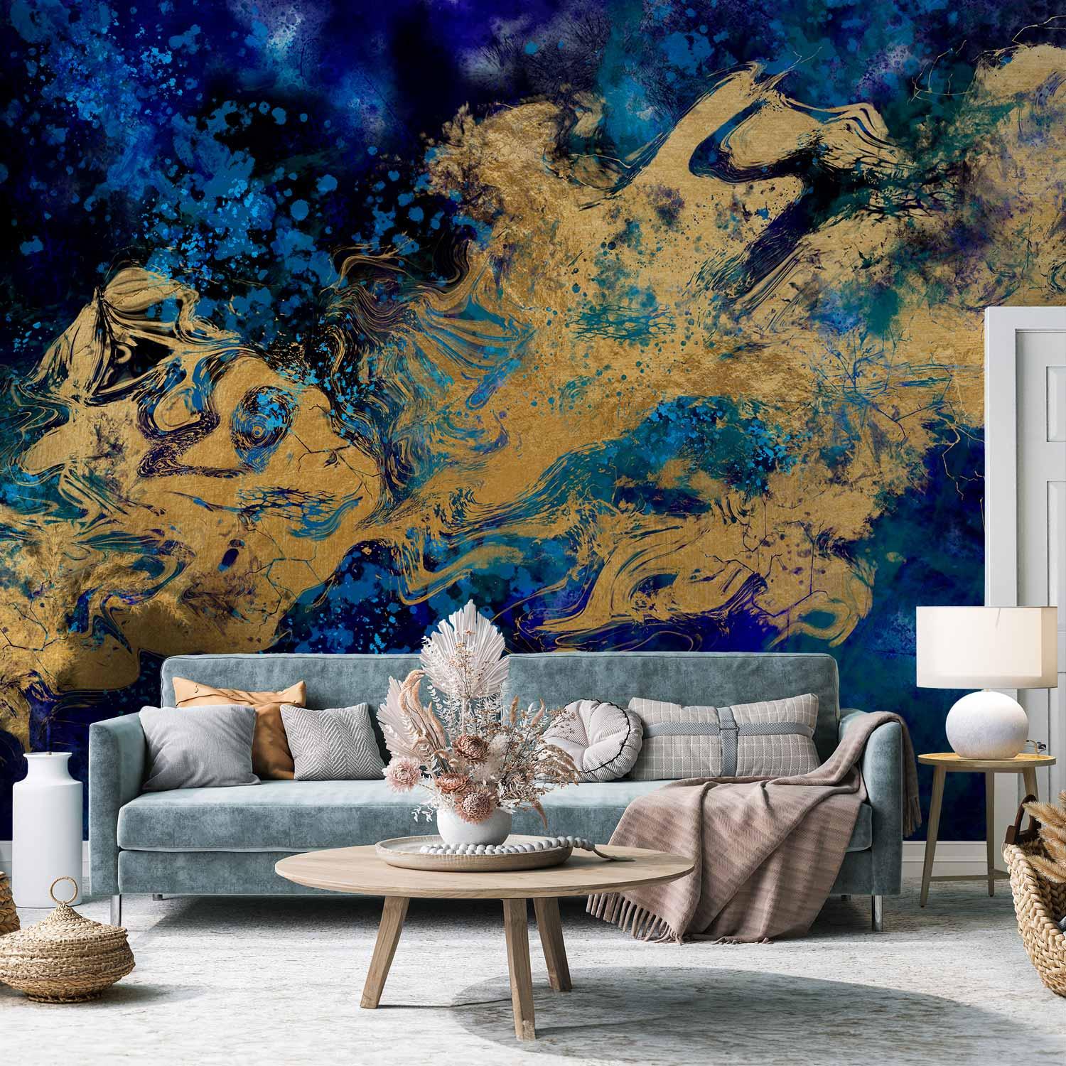 Fototapet Gorgeous Blue - abstrakt fototapet i blå og guld - 100 x 70 cm - Standard