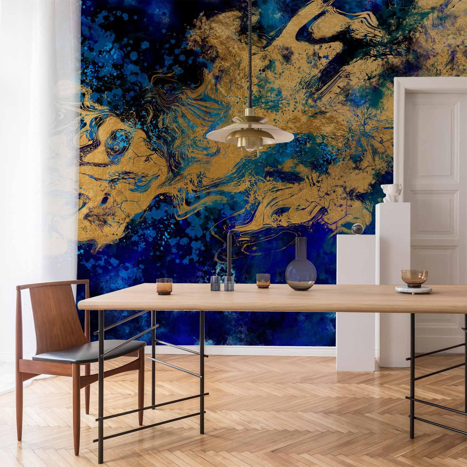 Fototapet Gorgeous Blue - abstrakt fototapet i blå og guld - 400 x 280 cm - Vandtæt