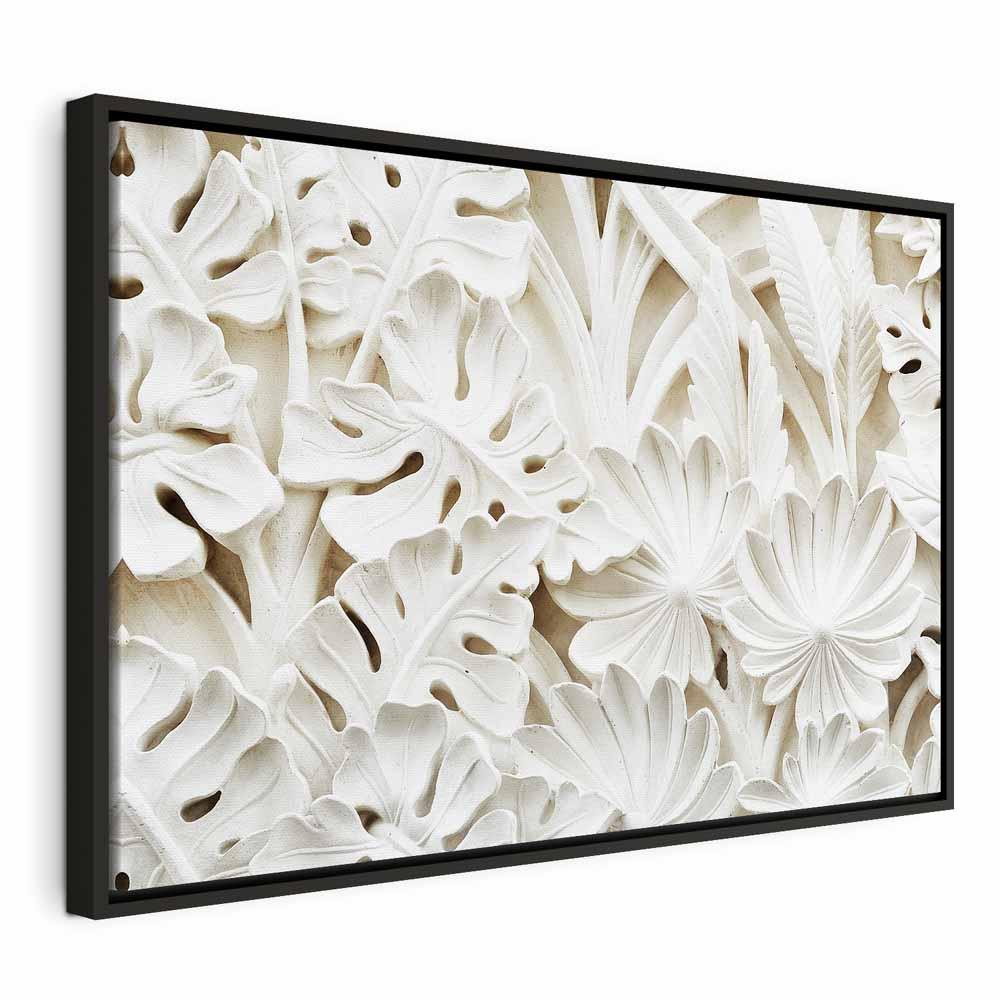Billede på lærred - Ceramic Leaves, bredt vægbillede med blomster- og bladmotiv - 60 x 40 cm - I en sort træramme