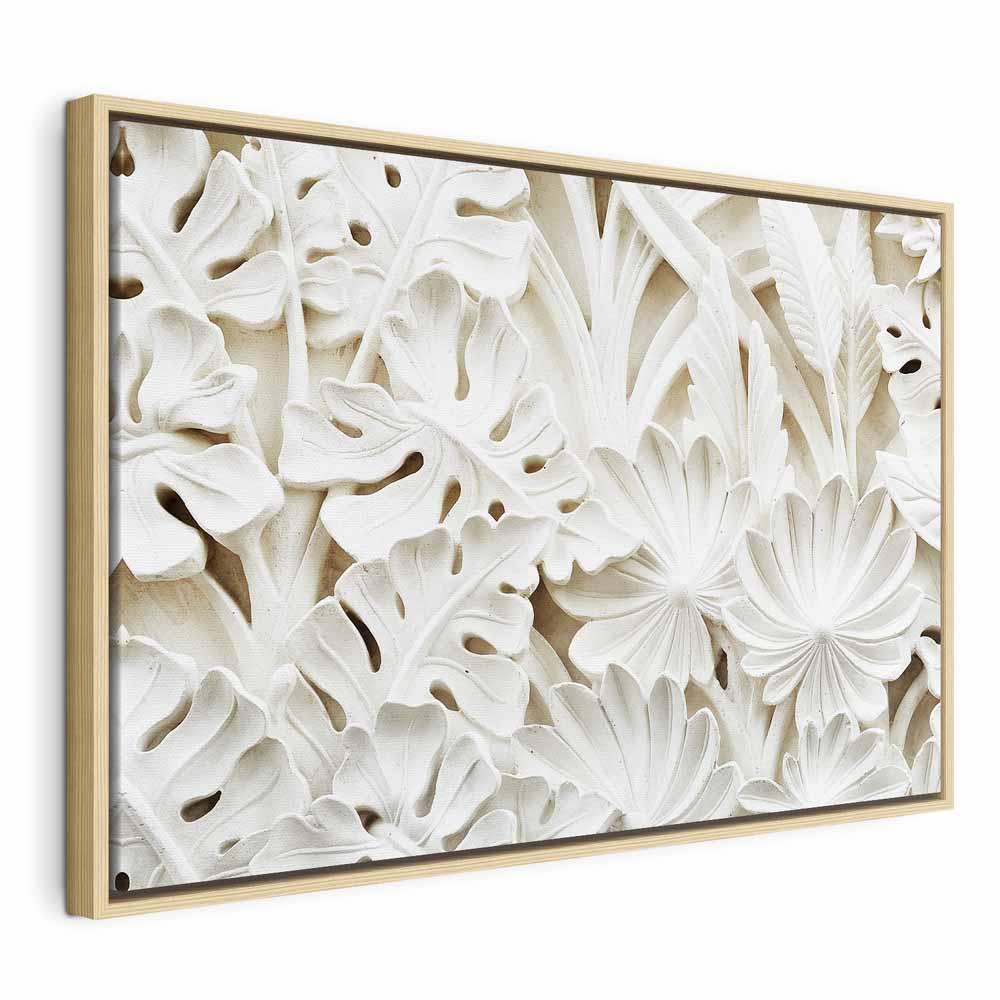 Billede på lærred - Ceramic Leaves, bredt vægbillede med blomster- og bladmotiv - 60 x 40 cm - I en naturlig træramme