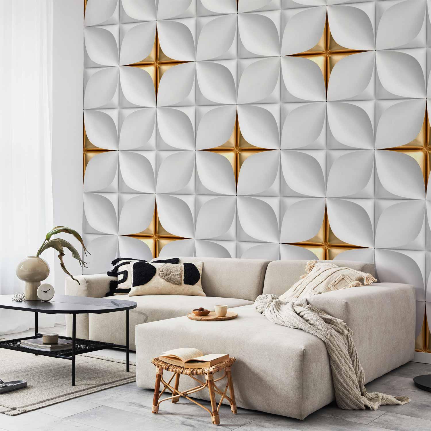 Fototapet - Gylden Accent med hvidt og gyldent geometrisk mønster - 400 x 280 cm - Standard