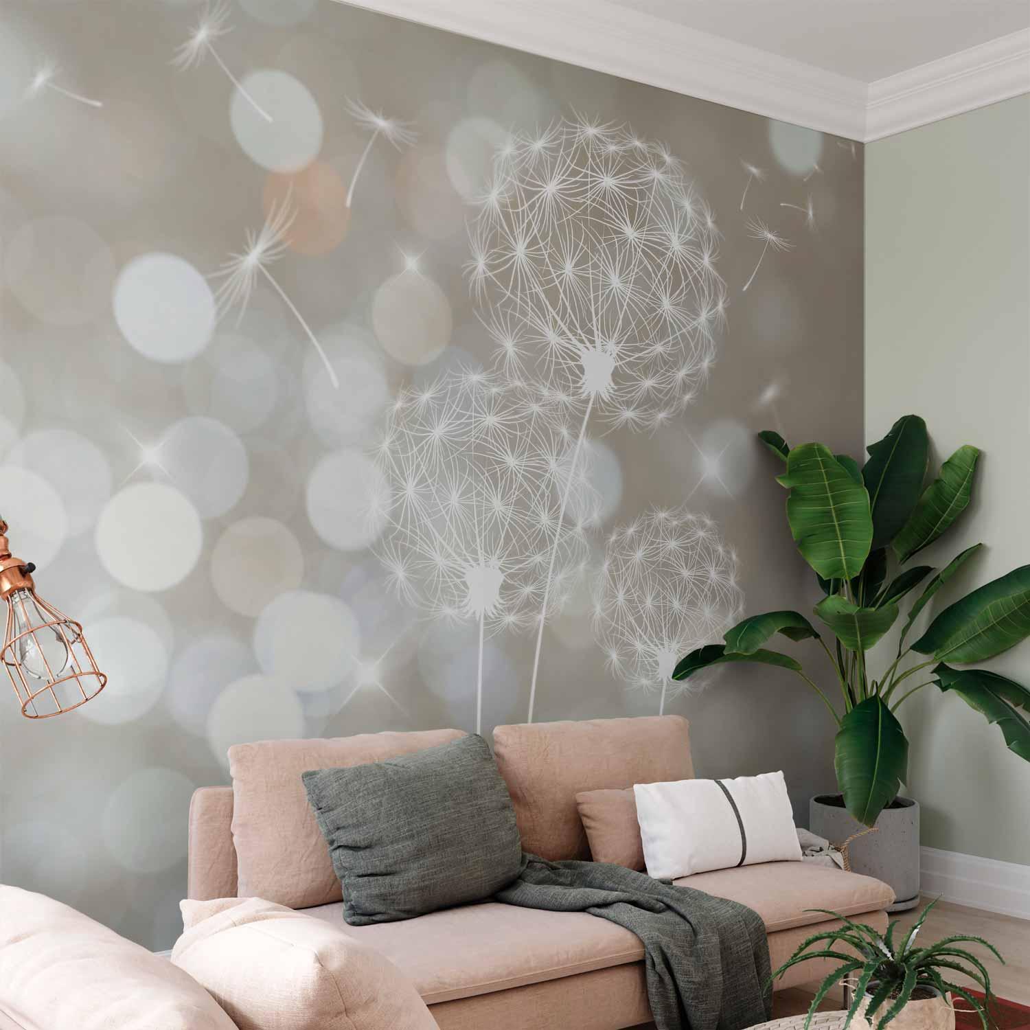 Fototapet Skønhedens ballade - mælkebøtter i bløde naturtoner til væg og interiør - 300 x 210 cm - Standard