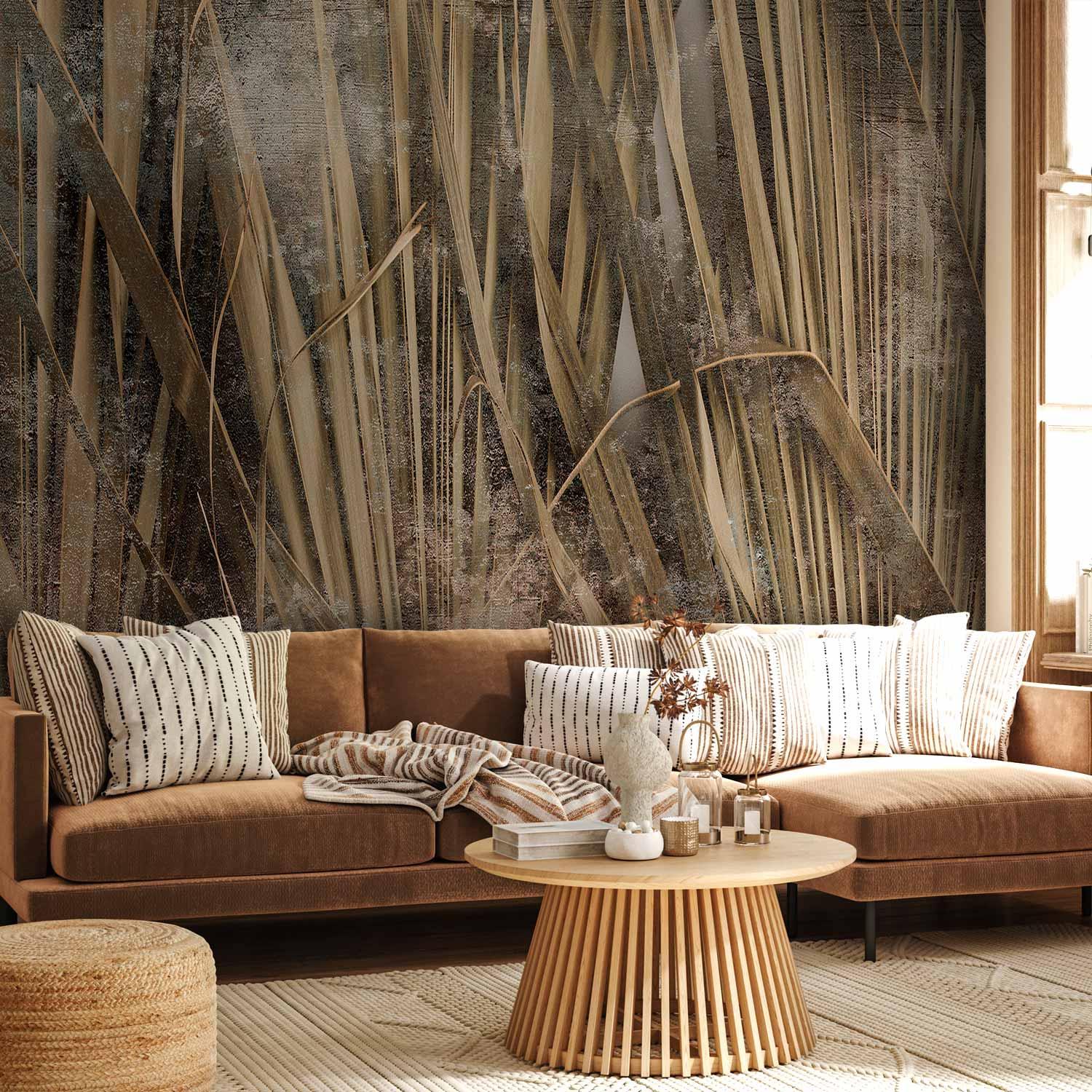 Fototapet med tørre blade og høje græsser i boho-stil med maleriske mønstre til væggen - 100 x 70 cm - Standard