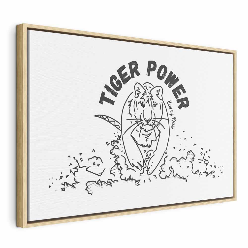 Lærredsbillede Tiger Power Wide - vægdekoration med tigermotiv - 60 x 40 cm - I en naturlig træramme