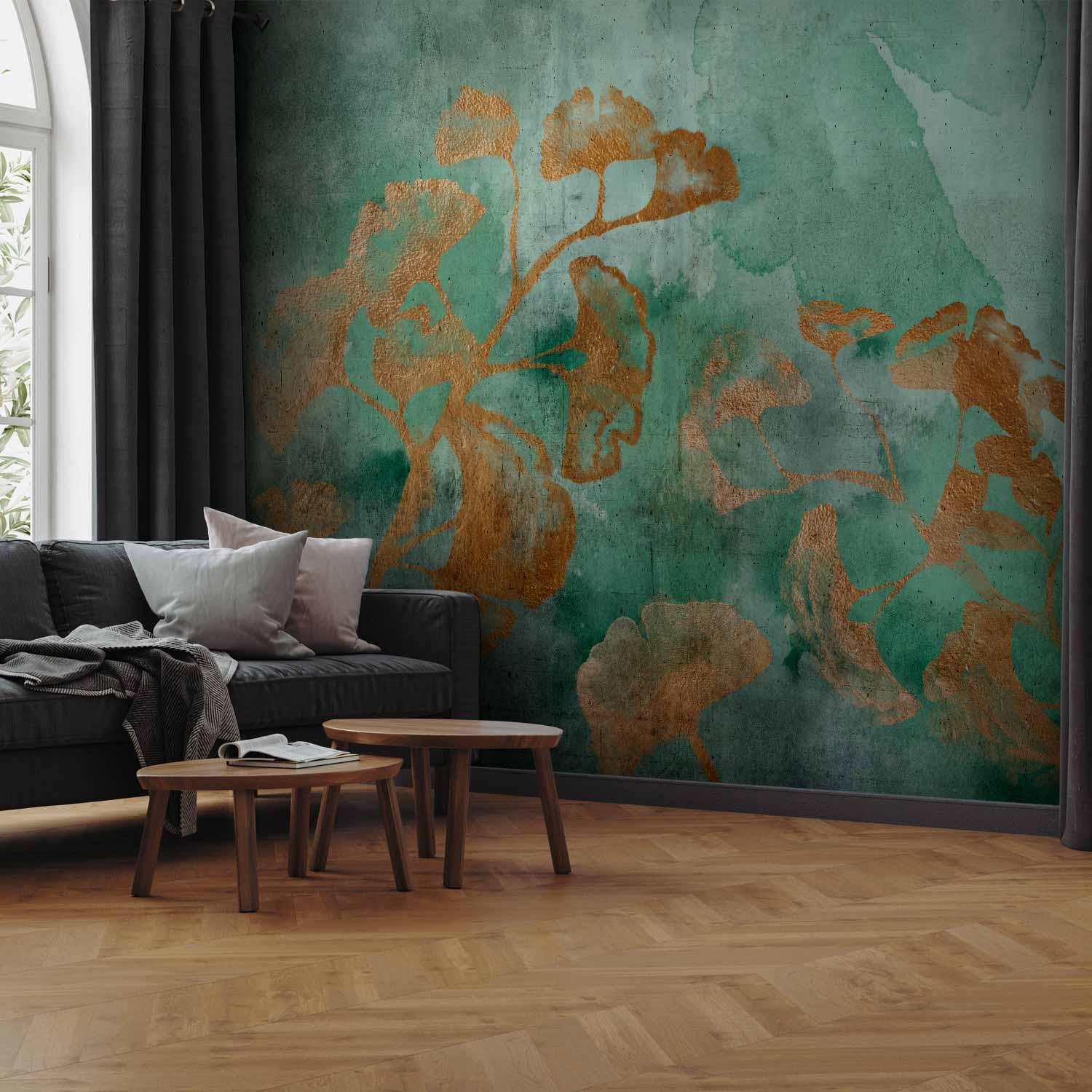 Fototapet Kobber Ginkgo - bladmotiv i grønne og kobberfarvede nuancer, flere varianter og mål - 100 x 70 cm - Standard