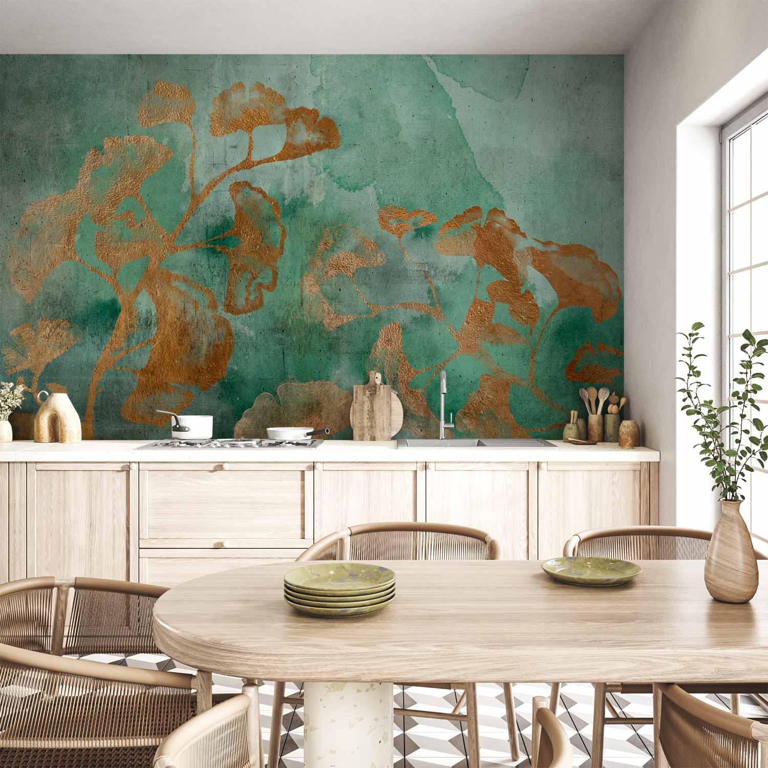 Fototapet Kobber Ginkgo - bladmotiv i grønne og kobberfarvede nuancer, flere varianter og mål - 500 x 350 cm - Vandtæt