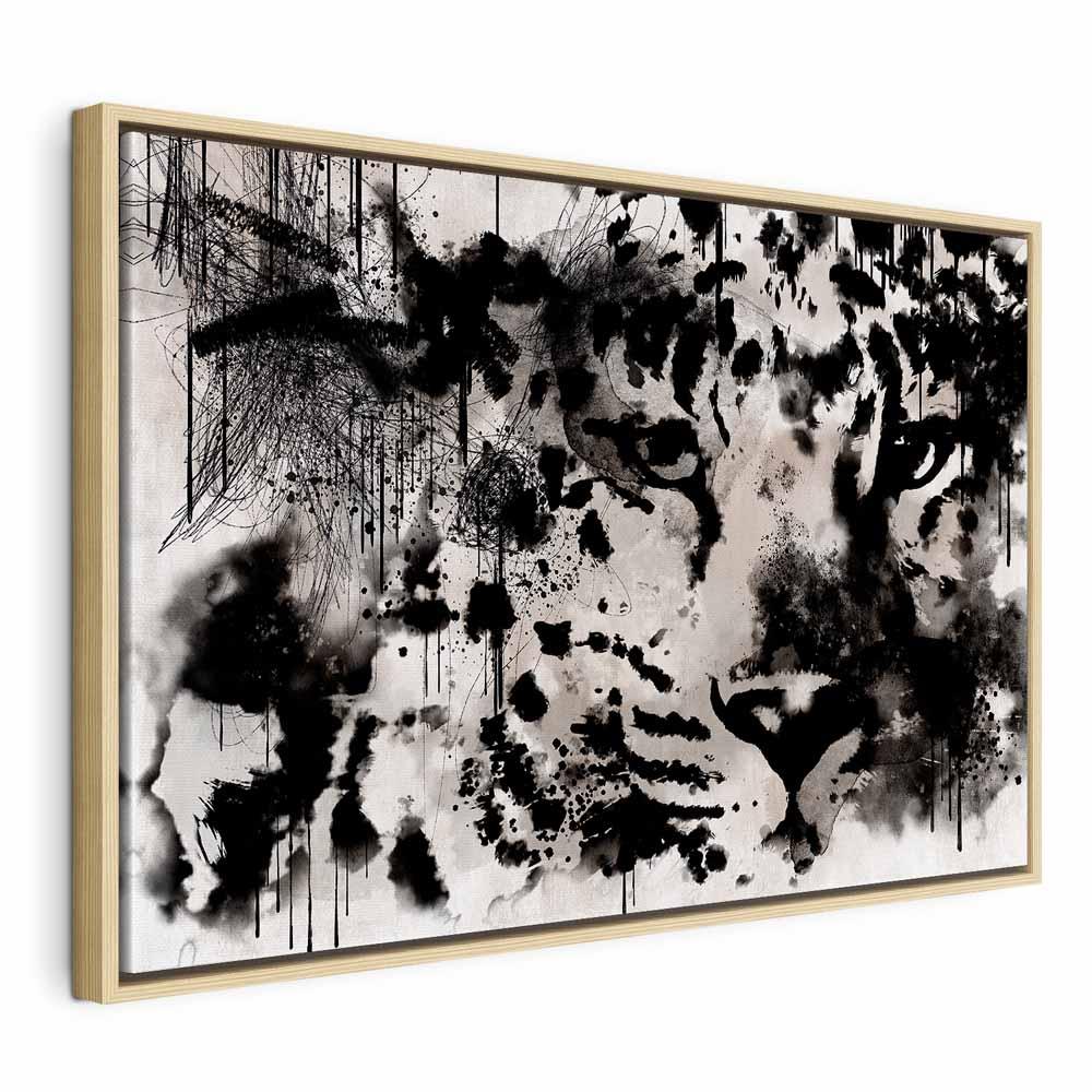 Lærredsbillede Cat's Look - 1 del i bredformat med abstrakt kattemotiv - 120 x 80 cm - I en naturlig træramme