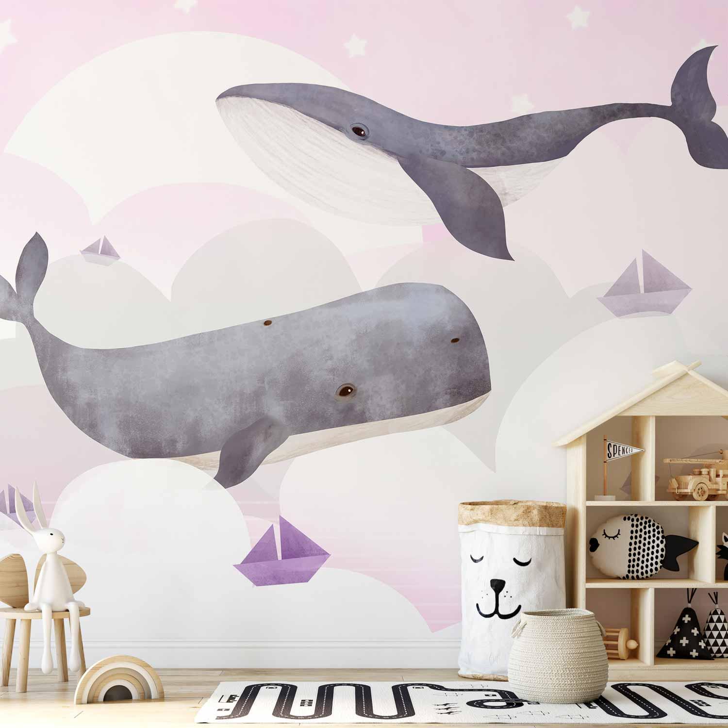 Fototapet Drøm om hvaler - anden variant til børneværelse med hvalmotiv og skyer - 500 x 350 cm - Premium