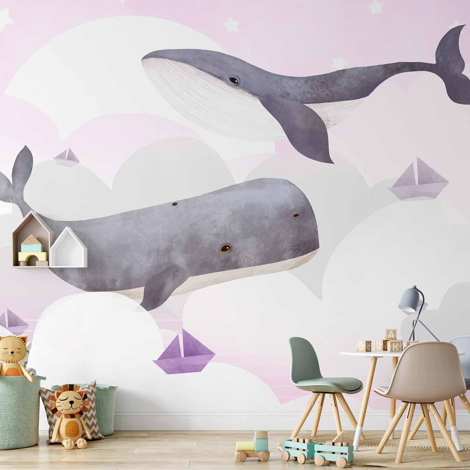 Fototapet Drøm om hvaler - anden variant til børneværelse med hvalmotiv og skyer - 500 x 350 cm - Vandtæt