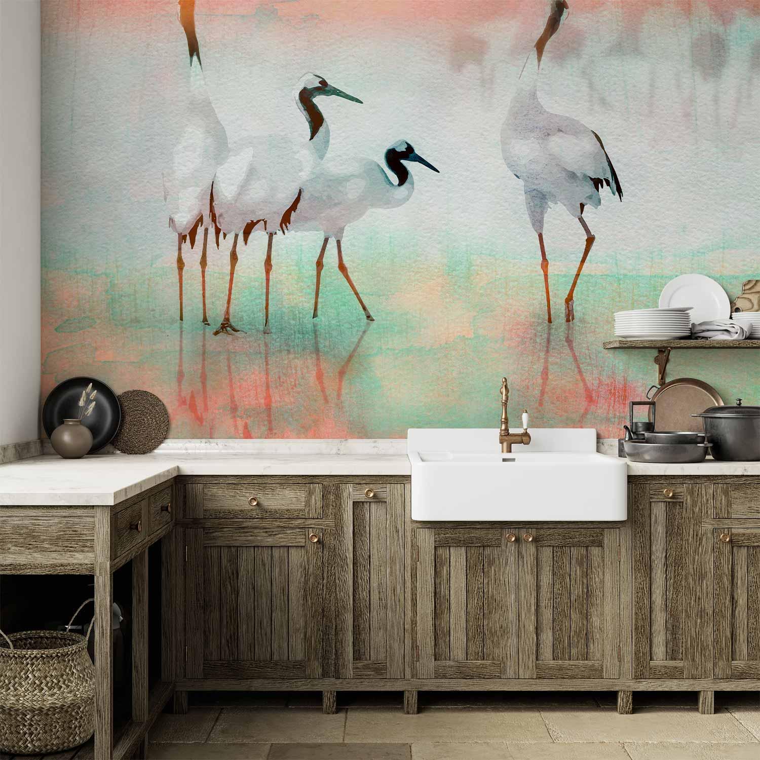Fototapet - Traner i pasteller, vægdekoration med fuglemotiv - 500 x 350 cm - Vandtæt