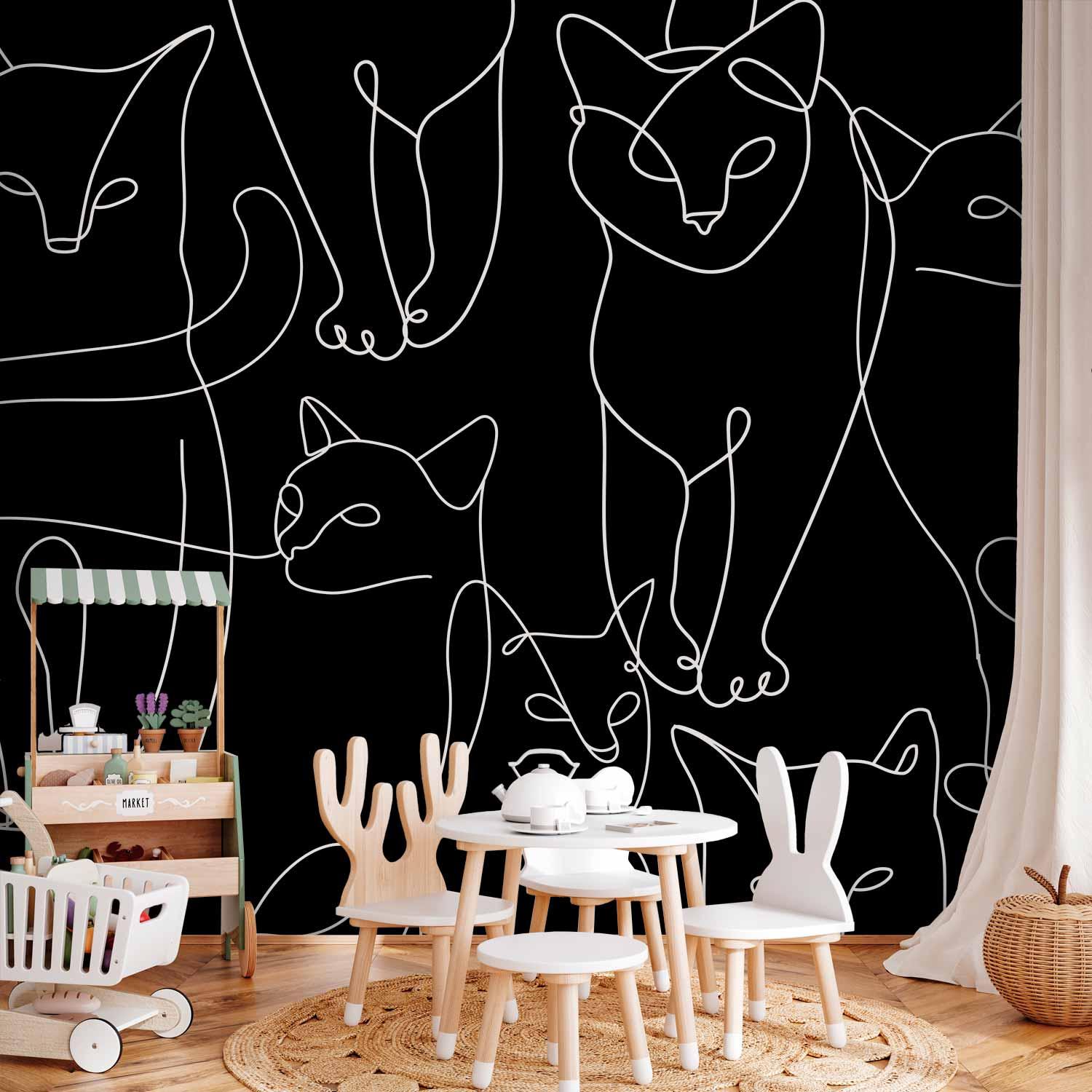 Fototapet Kattevaner - Første variant med sort lineart kattemotiv - 500 x 350 cm - Premium
