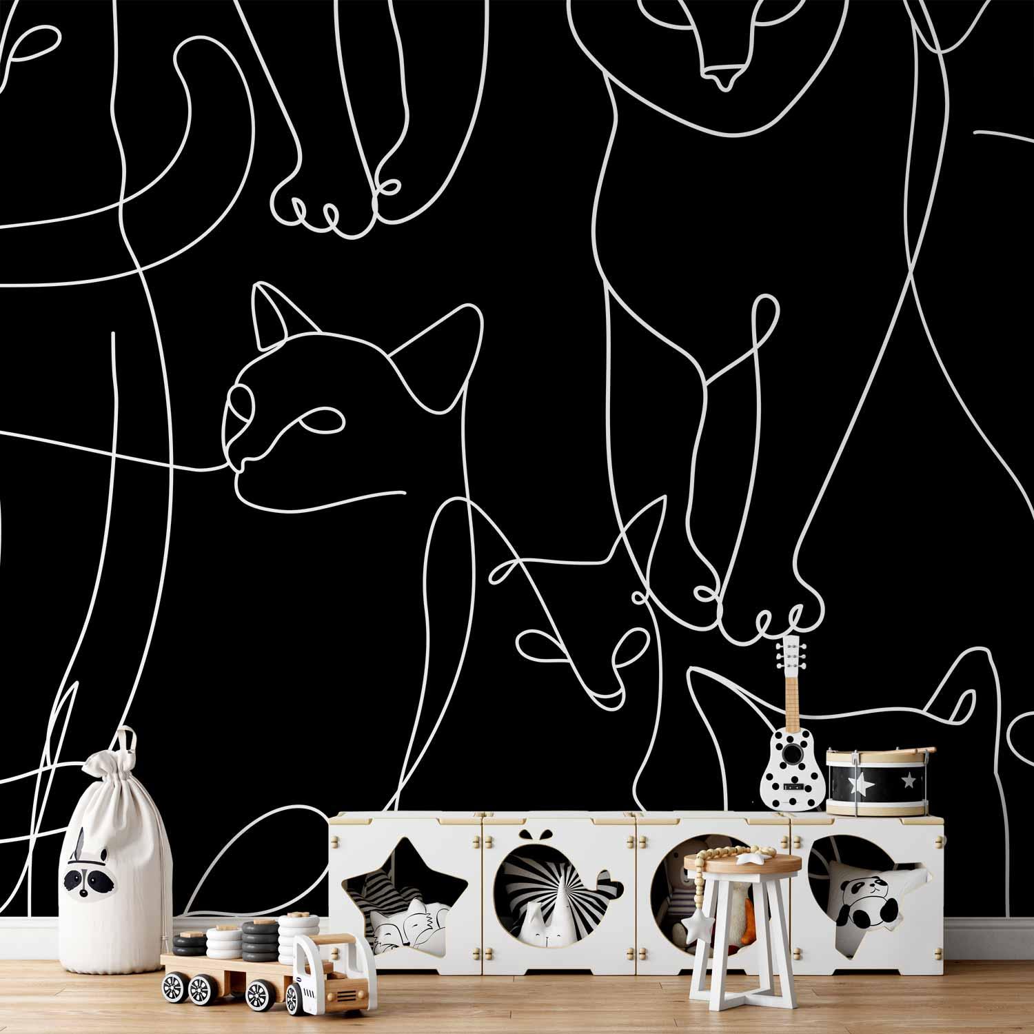 Fototapet Kattevaner - Første variant med sort lineart kattemotiv - 500 x 350 cm - Vandtæt