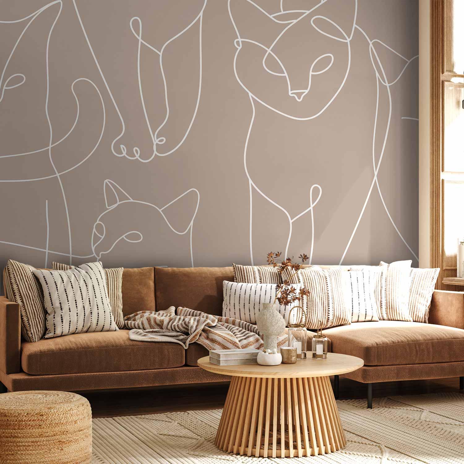 Fototapet med katte i lineart på beige baggrund - 100 x 70 cm - Standard