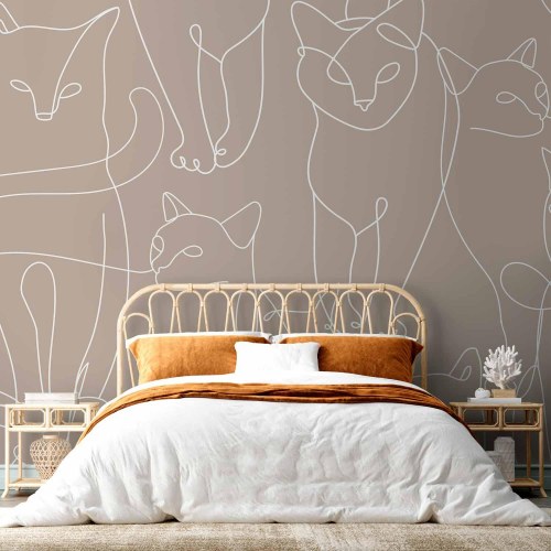 Fototapet med katte i lineart på beige baggrund
