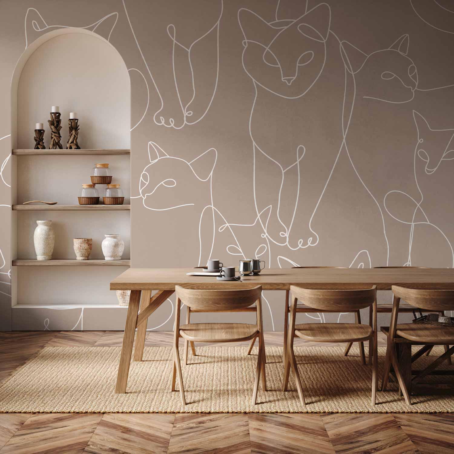 Fototapet med katte i lineart på beige baggrund - 400 x 280 cm - Vandtæt