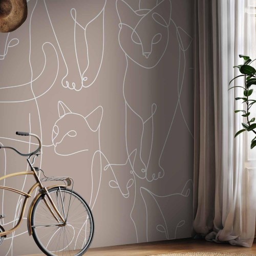 Fototapet med katte i lineart på beige baggrund