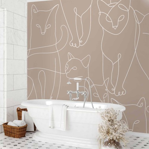 Fototapet med katte i lineart på beige baggrund