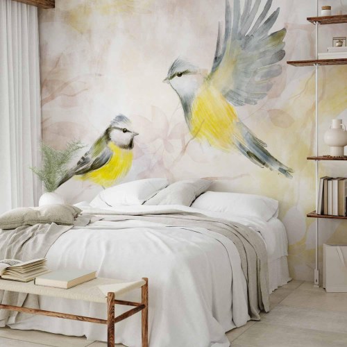 Fototapet med fuglemotiv i gul og beige akvarel