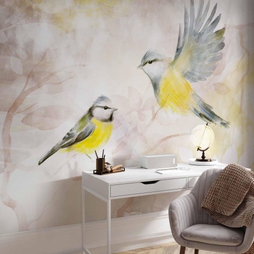 Fototapet med fuglemotiv i gul og beige akvarel