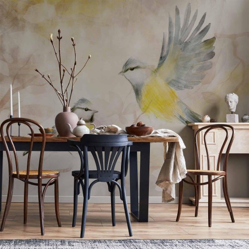Fototapet med fuglemotiv i gul og beige akvarel