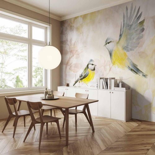 Fototapet med fuglemotiv i gul og beige akvarel