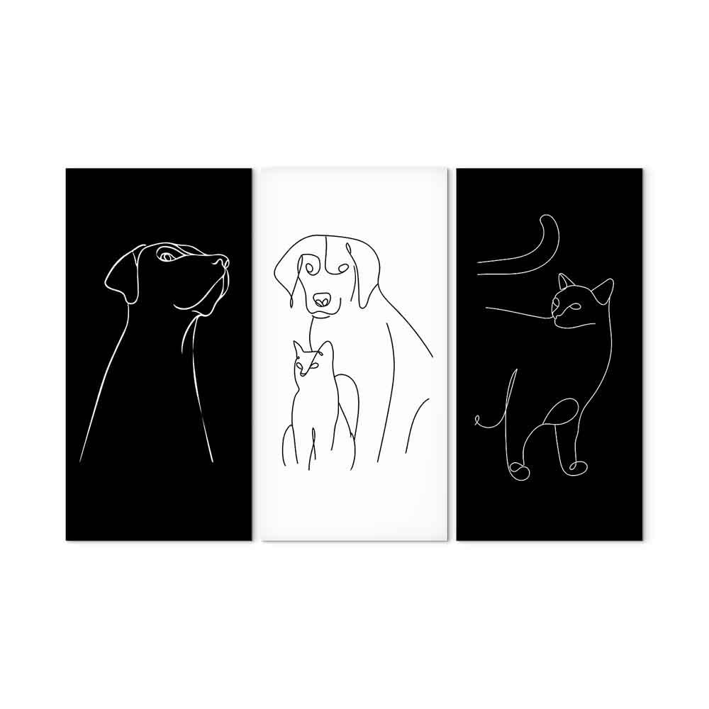 Lærredsbillede med husdyr i 3 dele - line art vægdekoration med hunde og katte - 120 x 80 cm - Akustisk
